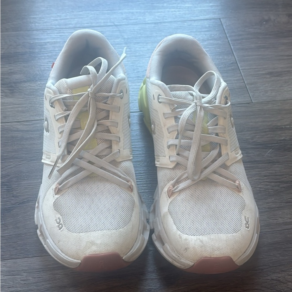 On Running White Sneakers with Soft Mint and Pale Pink Accents